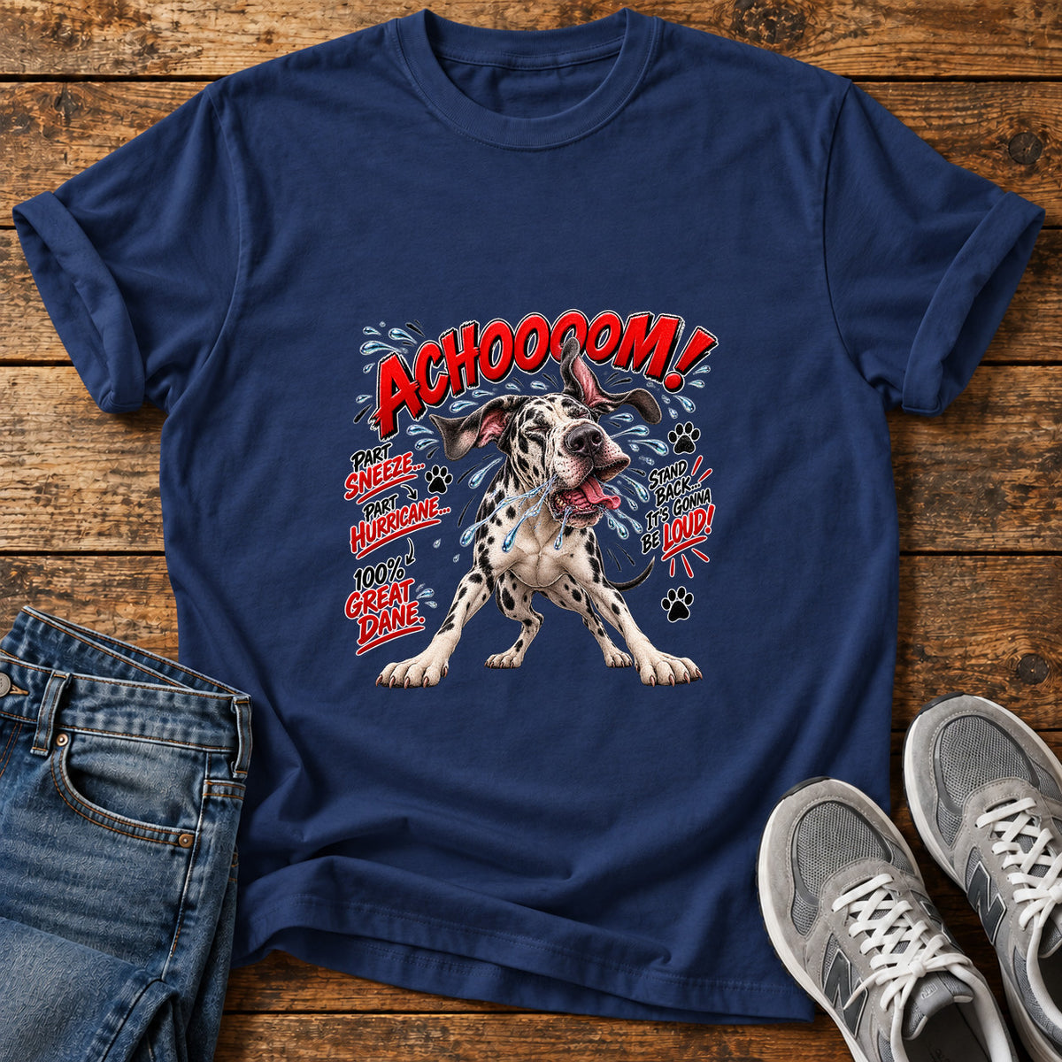 Achoooom Hurricane Great Dane graphic T-shirt in Navy, shown on a flat-lay shirt mockup