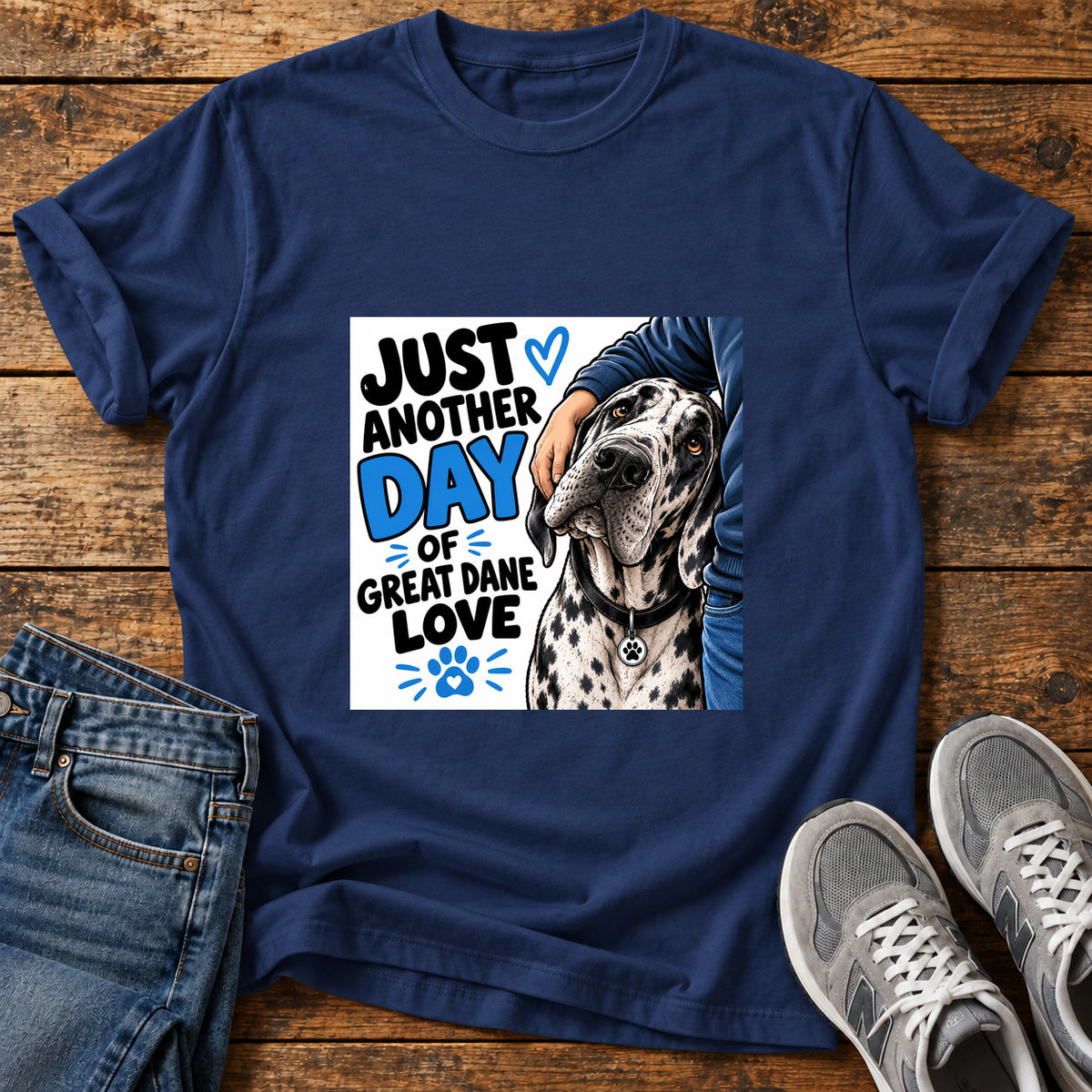 Great Dane Love graphic T-shirt in Navy, shown on a flat-lay shirt mockup