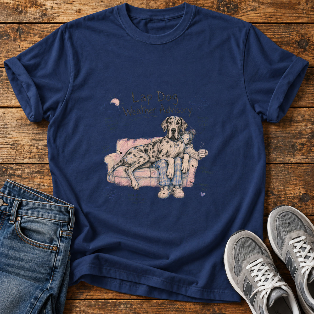 Lap Dog Advisory Great Dane graphic T-shirt in Navy, shown on a flat-lay shirt mockup