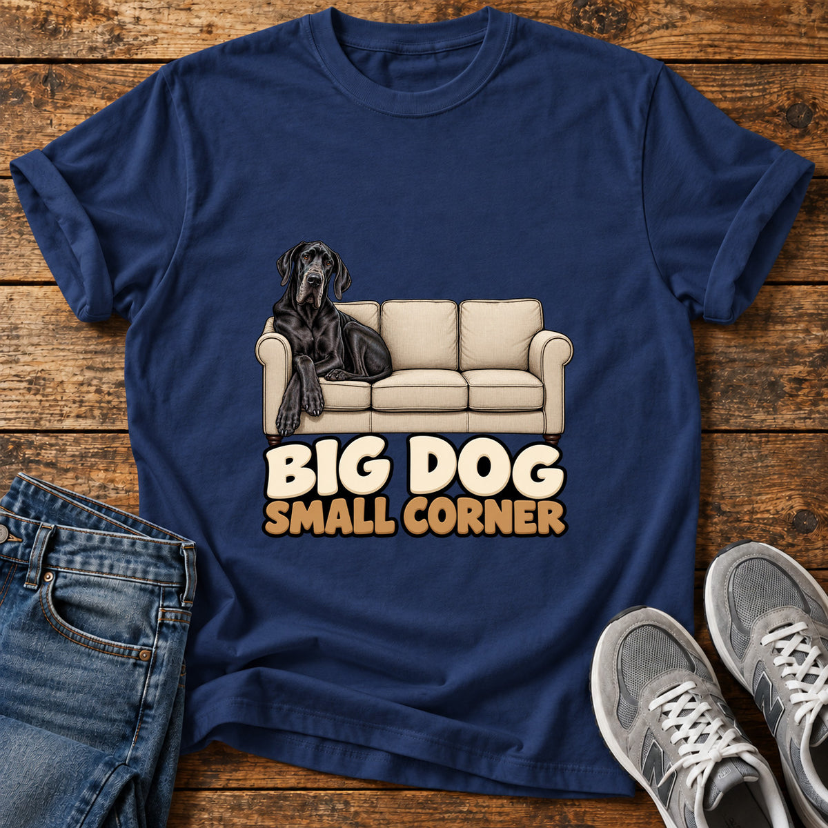 Big Dog Corner Great Dane graphic T-shirt in Navy, shown on a flat-lay shirt mockup