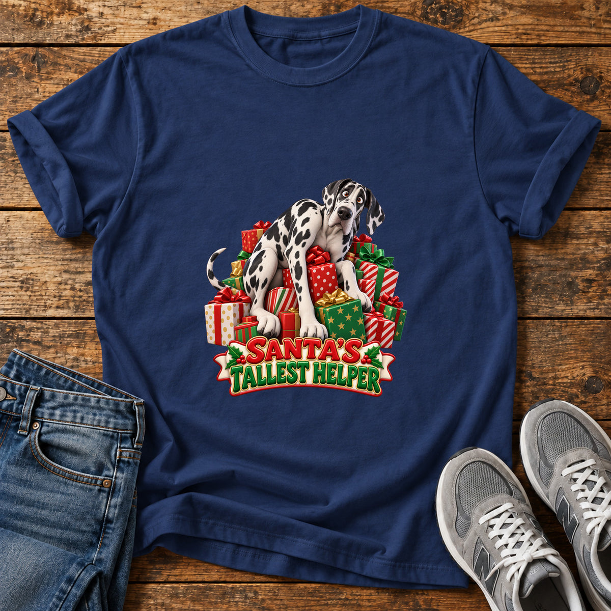 Santa's Tallest Helper Great Dane graphic T-shirt in Navy, shown on a flat-lay shirt mockup