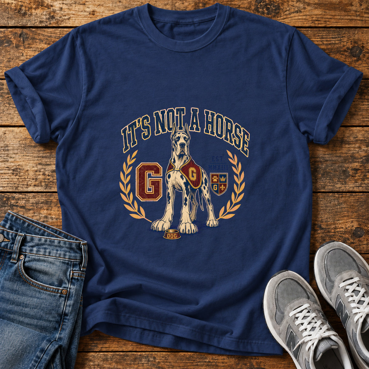 It's Not A Great Dane graphic T-shirt in Navy, shown on a flat-lay shirt mockup