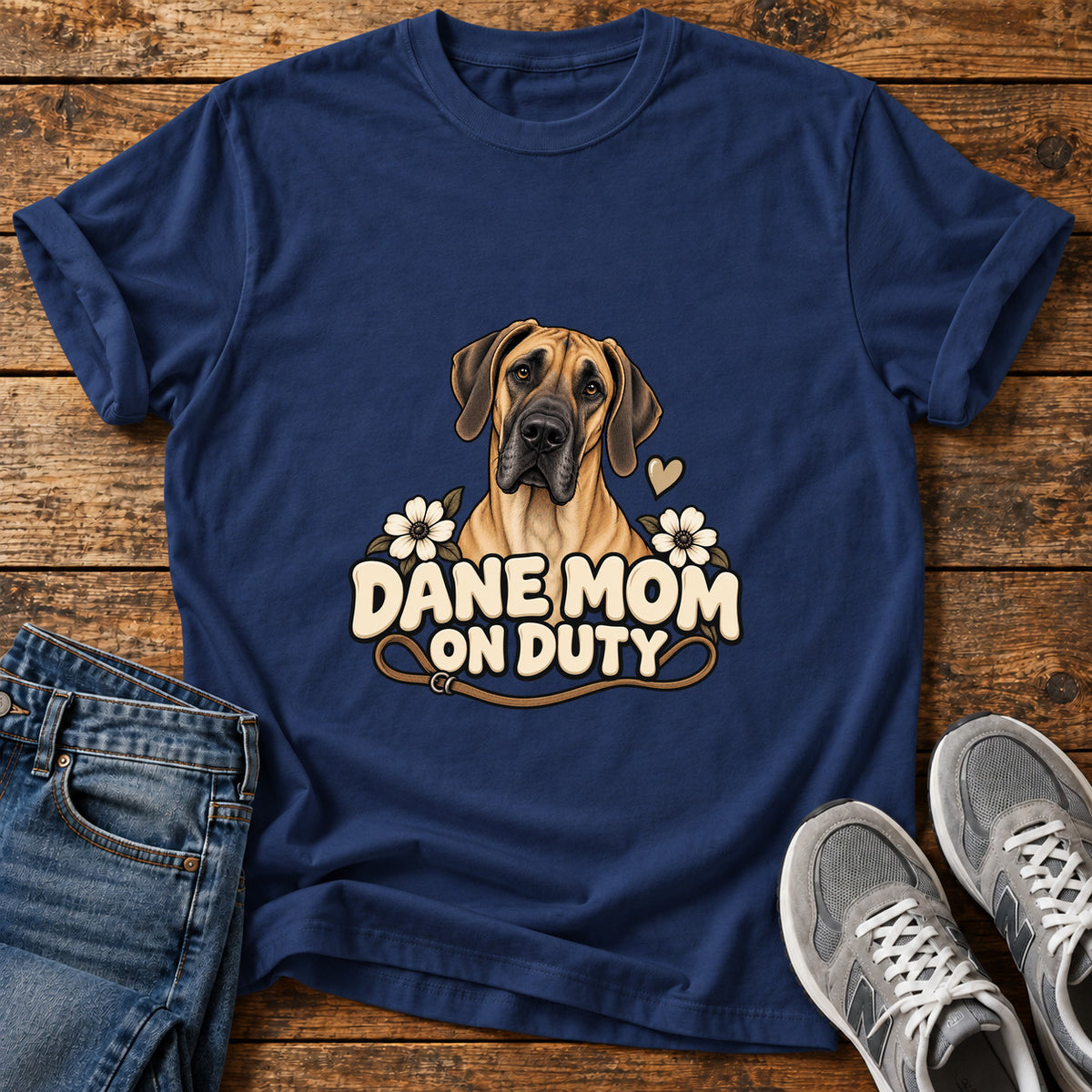 Dane Mom Duty Great Dane graphic T-shirt in Navy, shown on a flat-lay shirt mockup