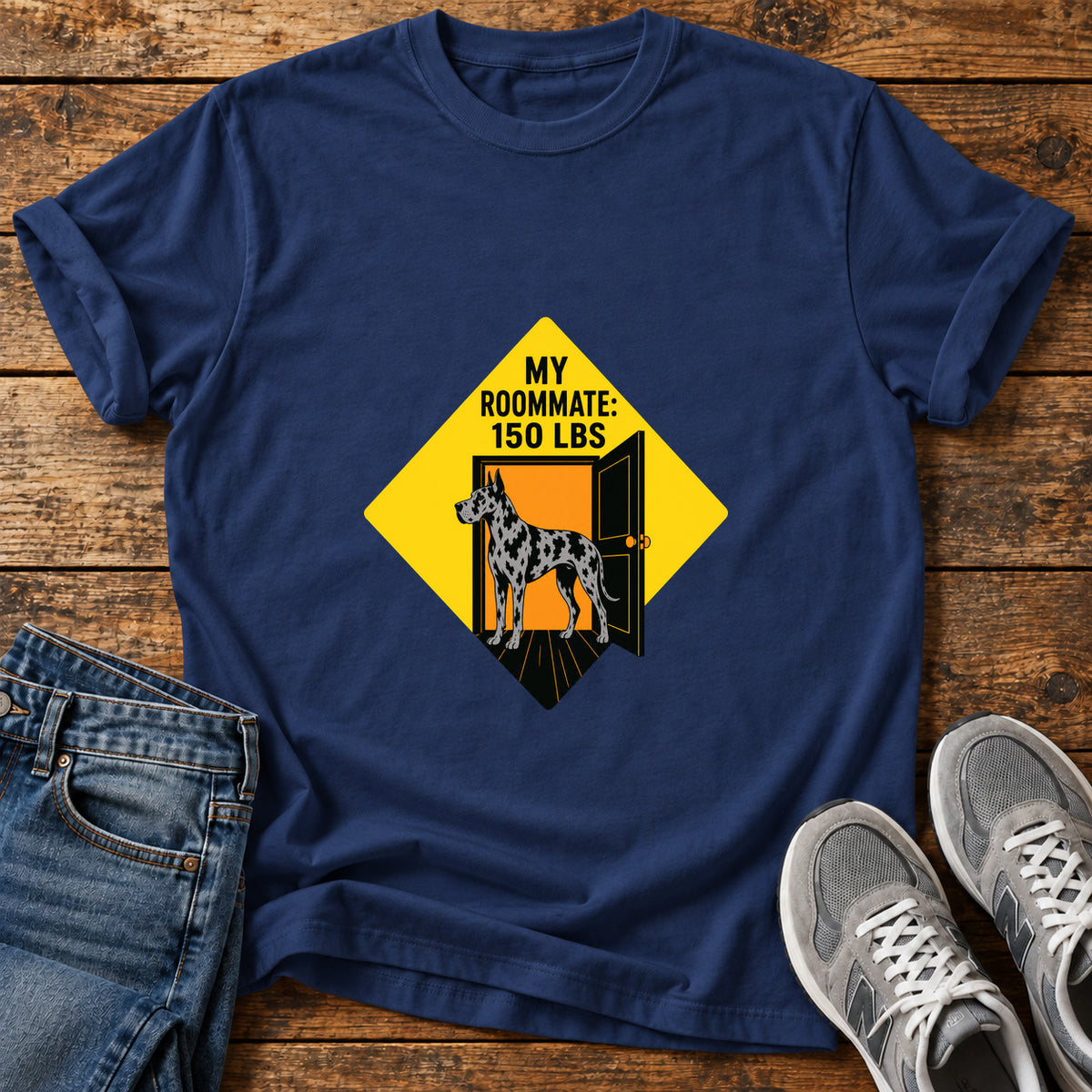 Roommate Dog Great Dane graphic T-shirt in Navy, shown on a flat-lay shirt mockup