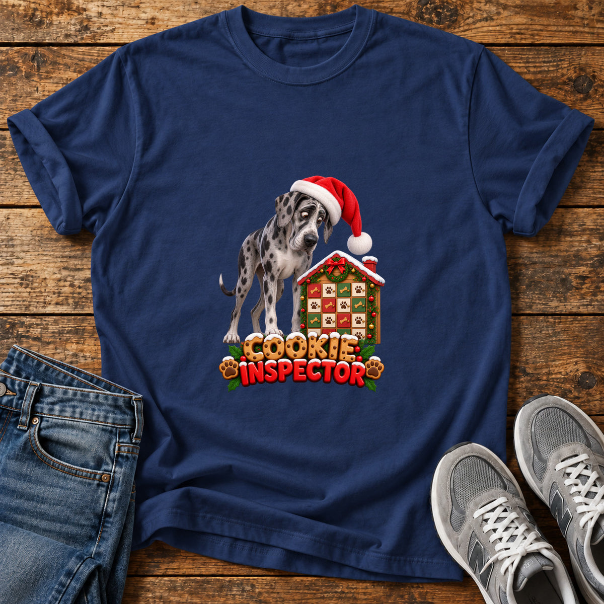 Cookie Inspector Great Dane graphic T-shirt in Navy, shown on a flat-lay shirt mockup