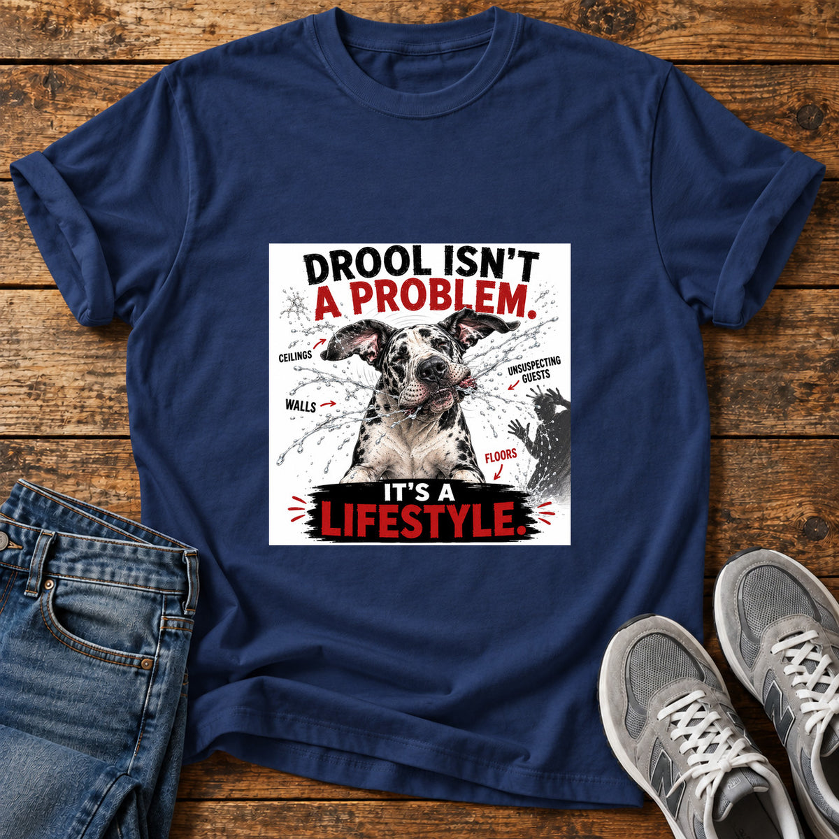 Drool Lifestyle Great Dane graphic T-shirt in Navy, shown on a flat-lay shirt mockup