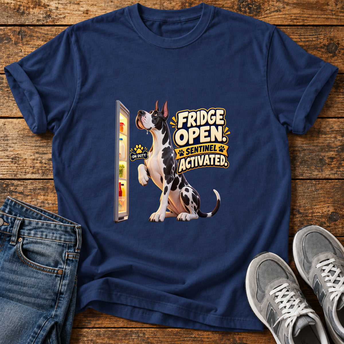 Fridge Sentinel Great Dane graphic T-shirt in Navy, shown on a flat-lay shirt mockup