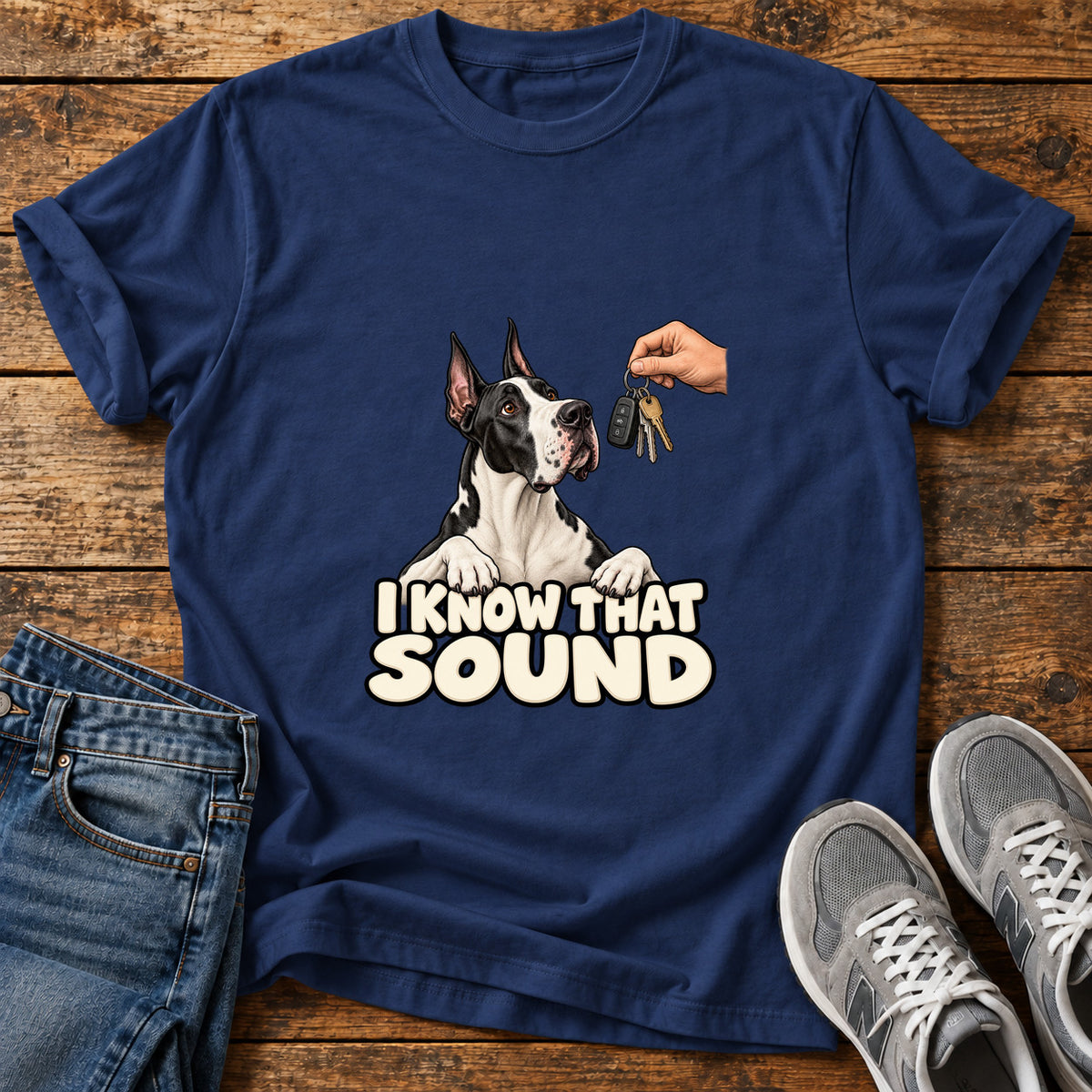 I Know Sound Great Dane graphic T-shirt in Navy, shown on a flat-lay shirt mockup
