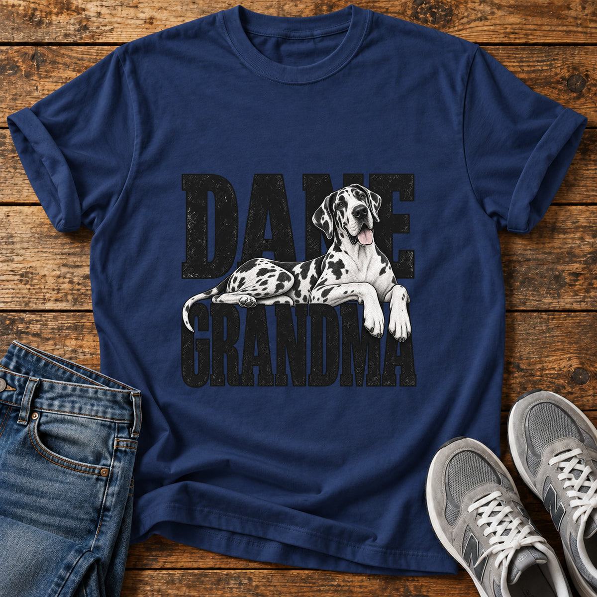 Dane Grandma Great Dane graphic T-shirt in Navy, shown on a flat-lay shirt mockup