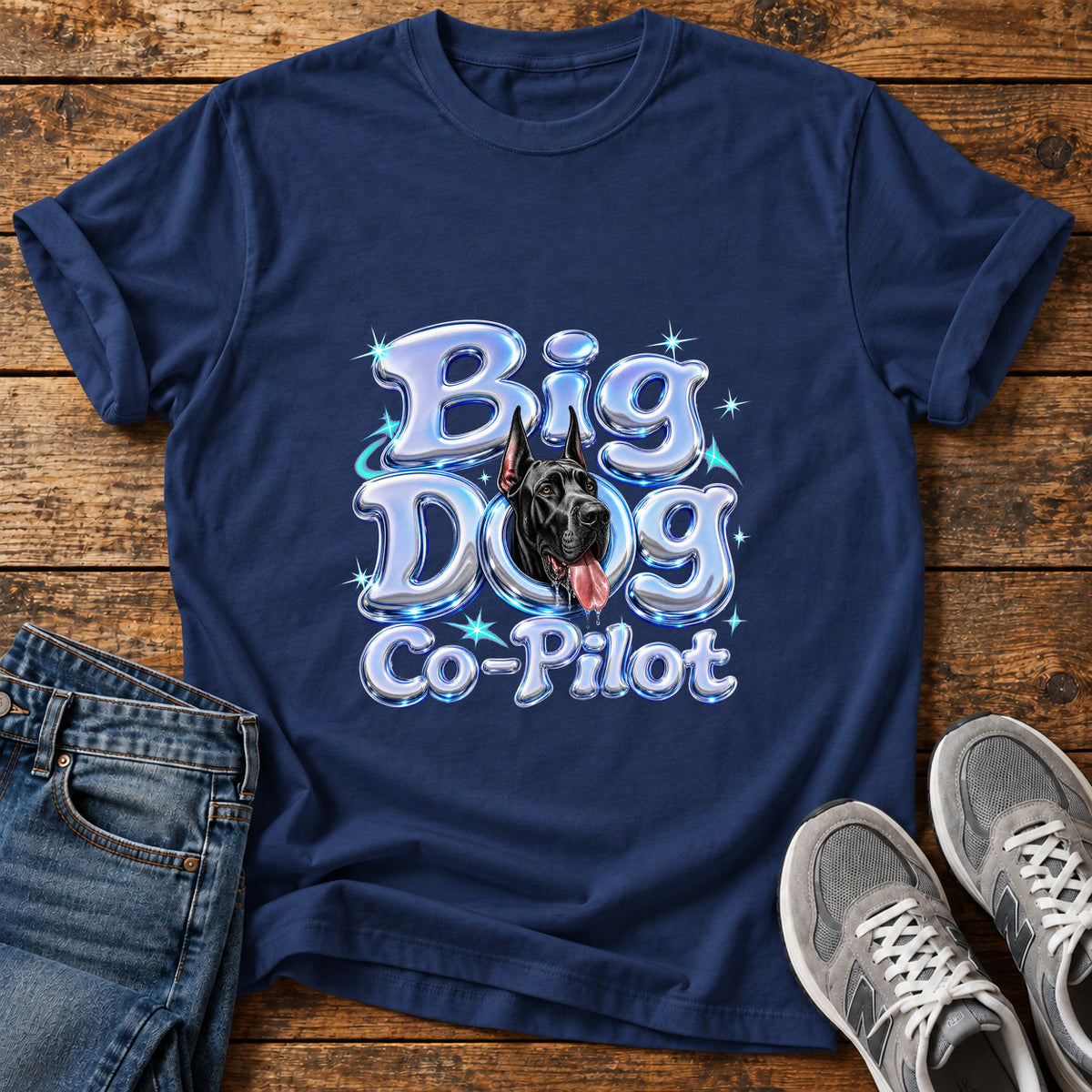 Big Dog Co-Pilot Great Dane graphic T-shirt in Navy, shown on a flat-lay shirt mockup