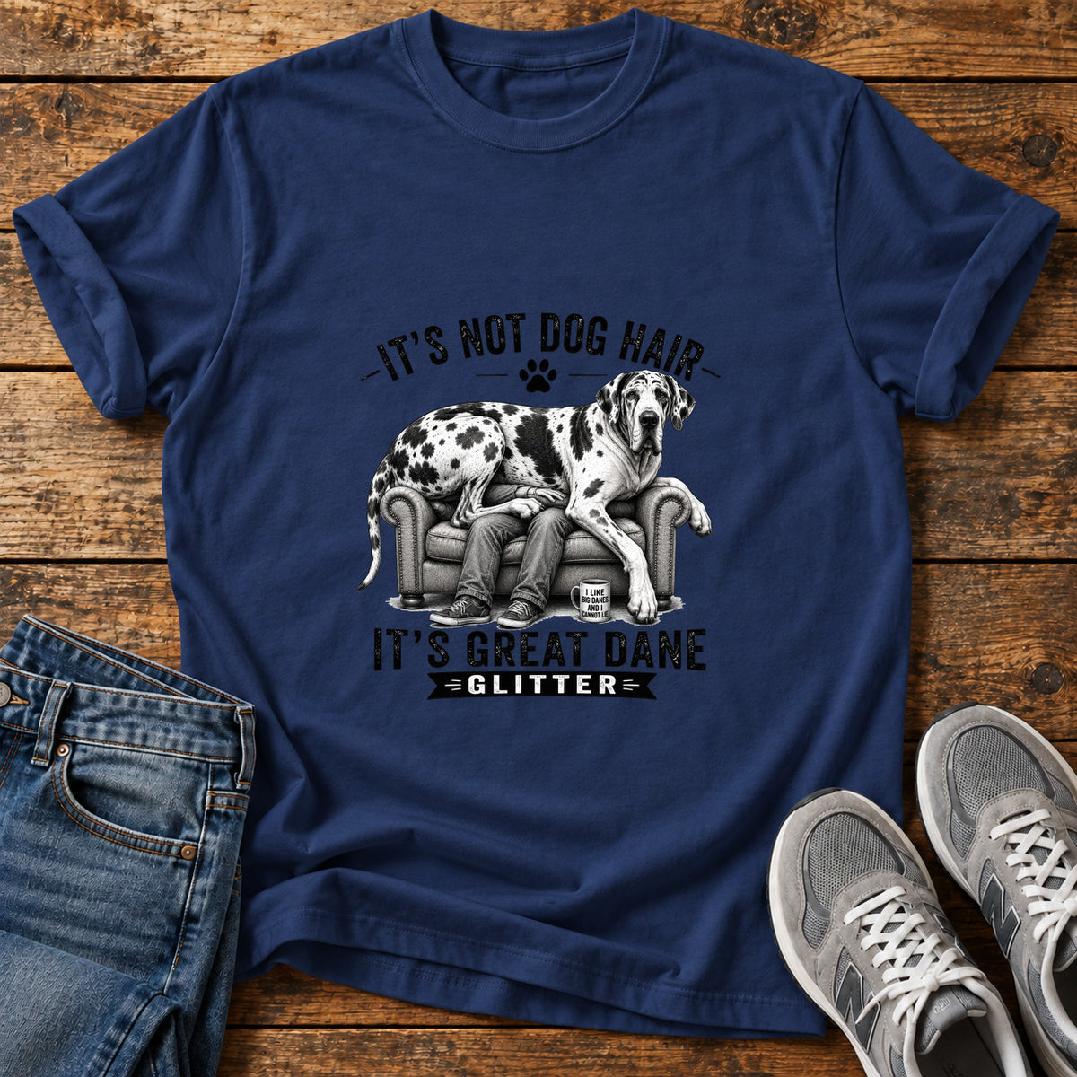 Great Dane Glitter graphic T-shirt in Navy, shown on a flat-lay shirt mockup