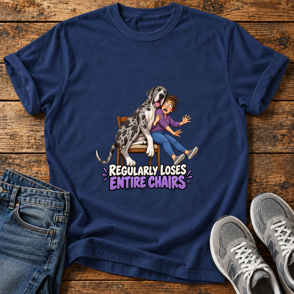 Loses Entire Chairs Great Dane graphic T-shirt in Navy, shown on a flat-lay shirt mockup