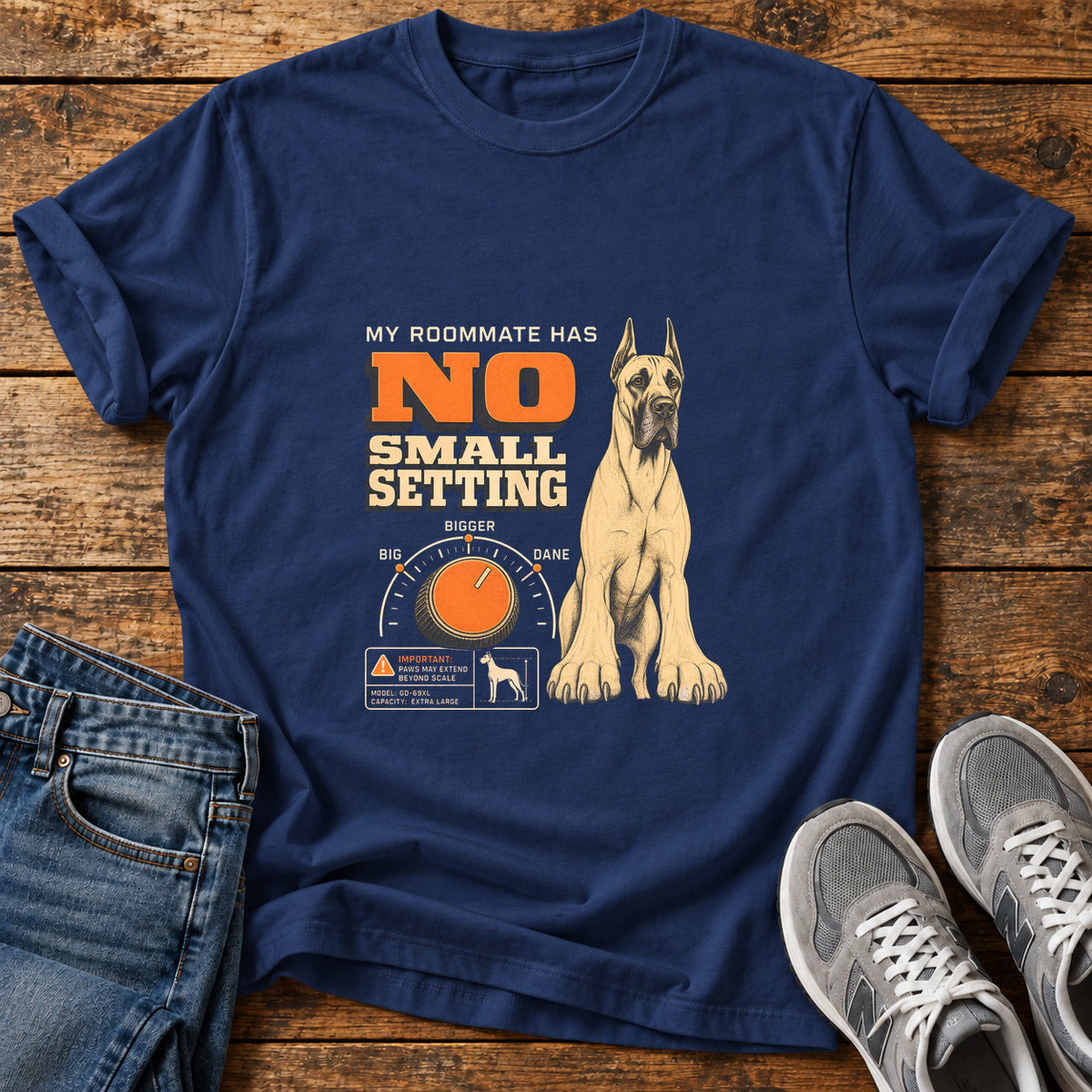 No Small Setting Great Dane graphic T-shirt in Navy, shown on a flat-lay shirt mockup