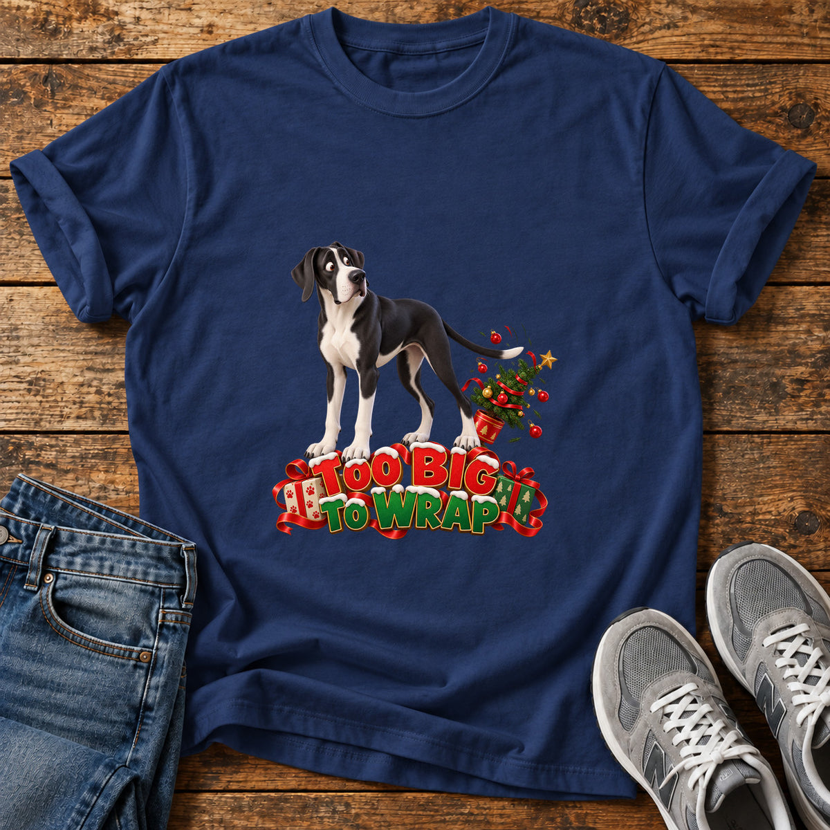 Too Big Wrap Great Dane graphic T-shirt in Navy, shown on a flat-lay shirt mockup