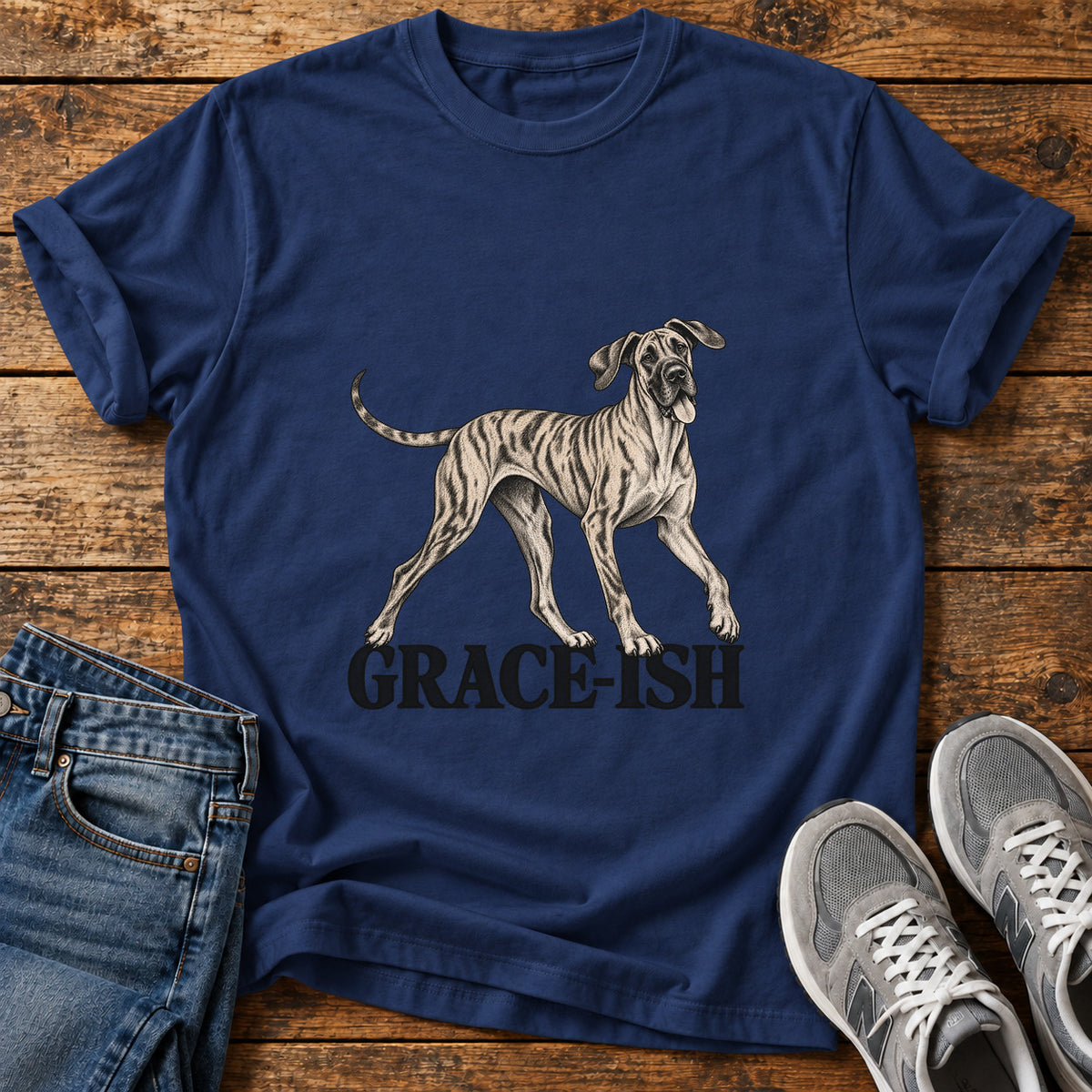 Grace-Ish Dog Great Dane graphic T-shirt in Navy, shown on a flat-lay shirt mockup