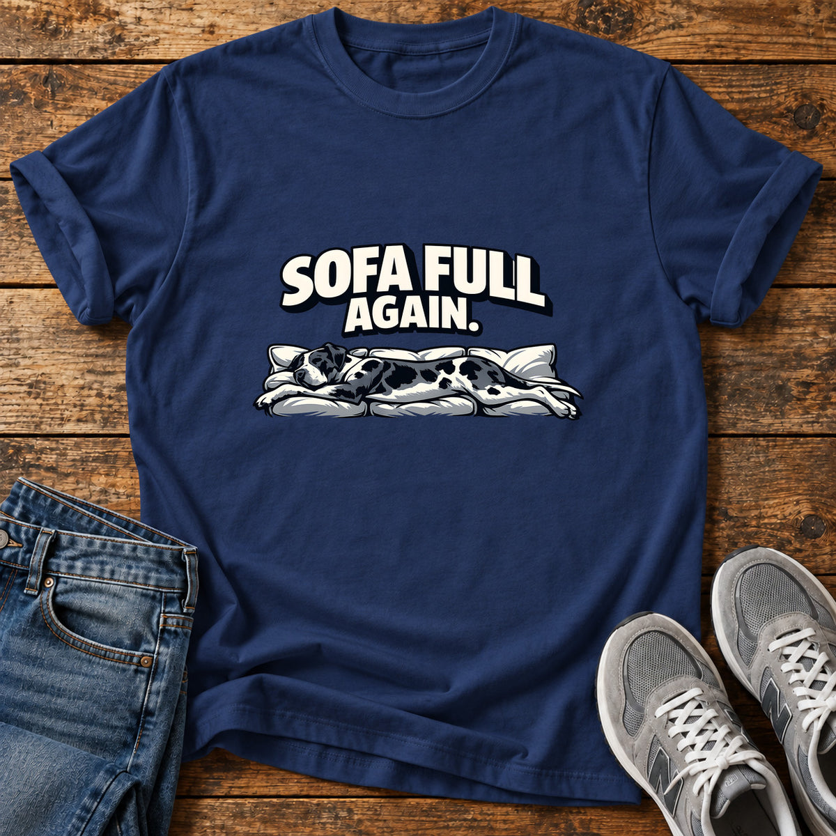 Sofa Full Again Great Dane graphic T-shirt in Navy, shown on a flat-lay shirt mockup