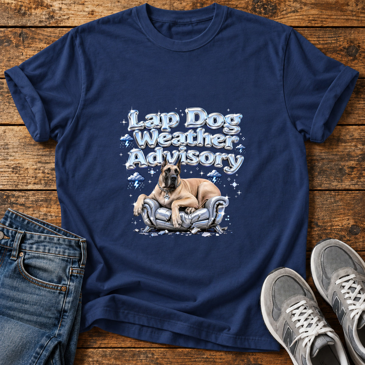 Lap Dog Advisory Great Dane graphic T-shirt in Navy, shown on a flat-lay shirt mockup