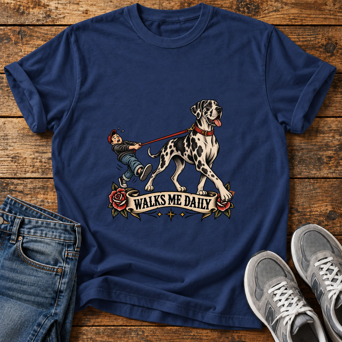 Walks Me Daily Great Dane graphic T-shirt in Navy, shown on a flat-lay shirt mockup
