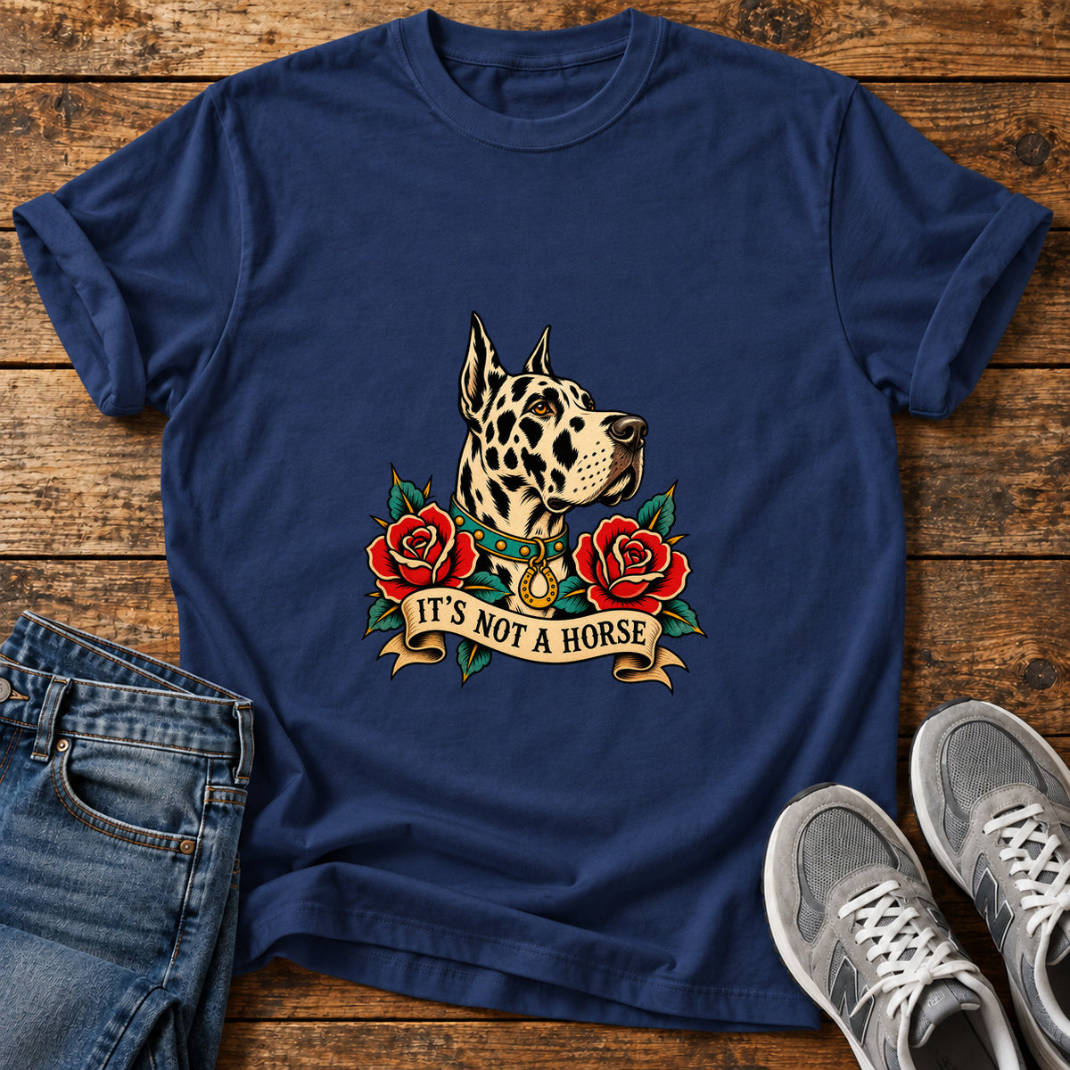 It's Not A Great Dane graphic T-shirt in Navy, shown on a flat-lay shirt mockup