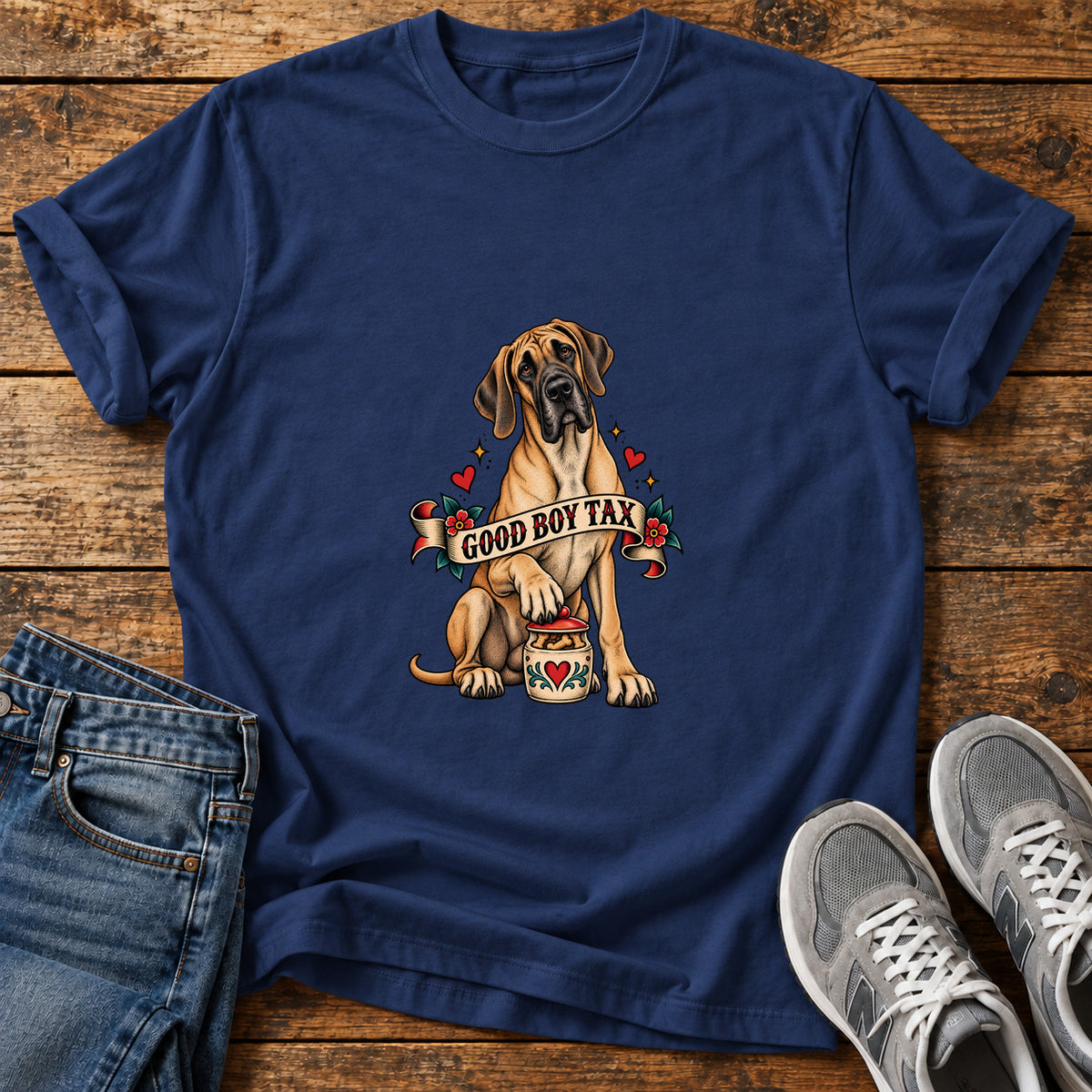 Good Boy Tax Great Dane graphic T-shirt in Navy, shown on a flat-lay shirt mockup