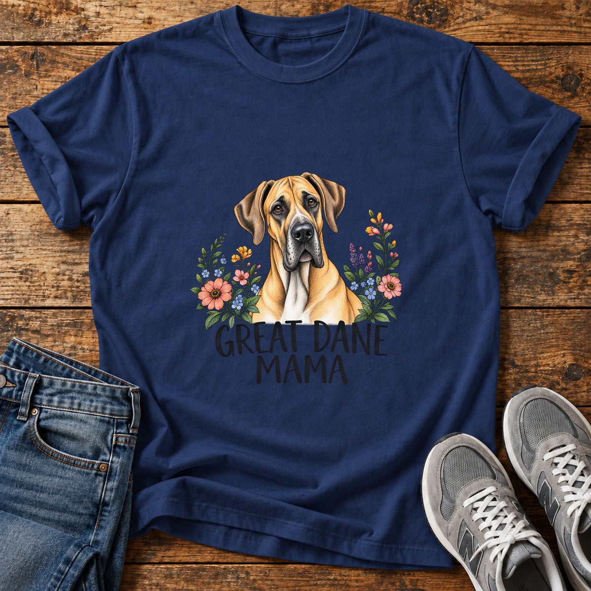 Great Dane Mama graphic T-shirt in Navy, shown on a flat-lay shirt mockup
