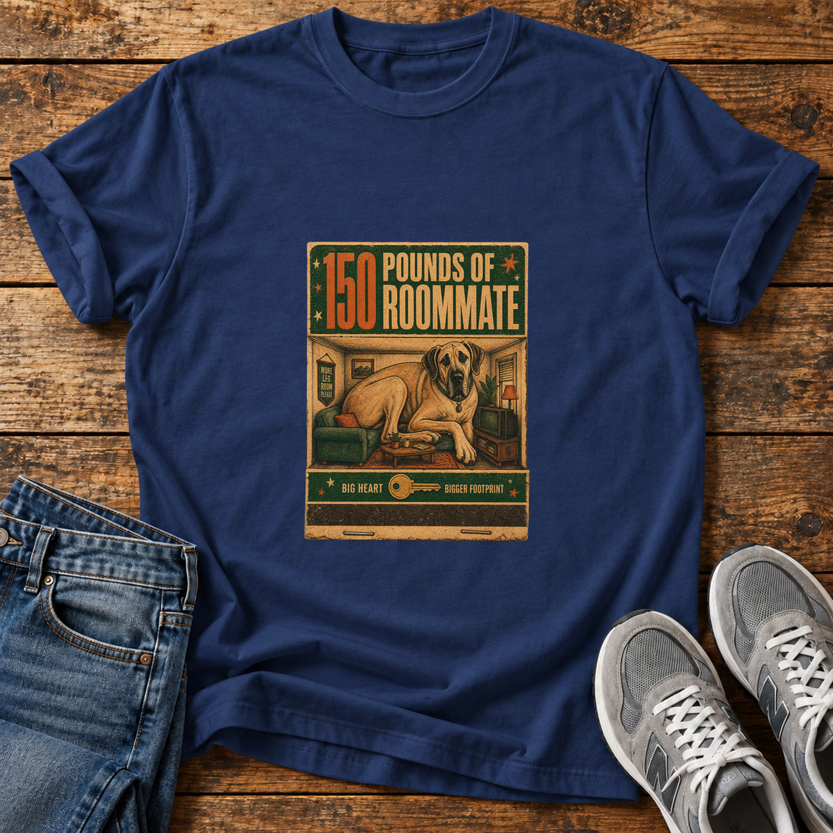 150 Pounds Roommate Great Dane graphic T-shirt in Navy, shown on a flat-lay shirt mockup