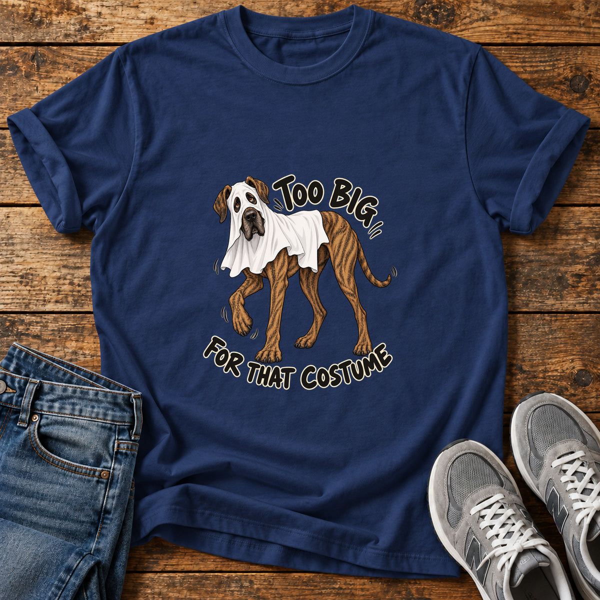 Too Big Costume Great Dane graphic T-shirt in Navy, shown on a flat-lay shirt mockup