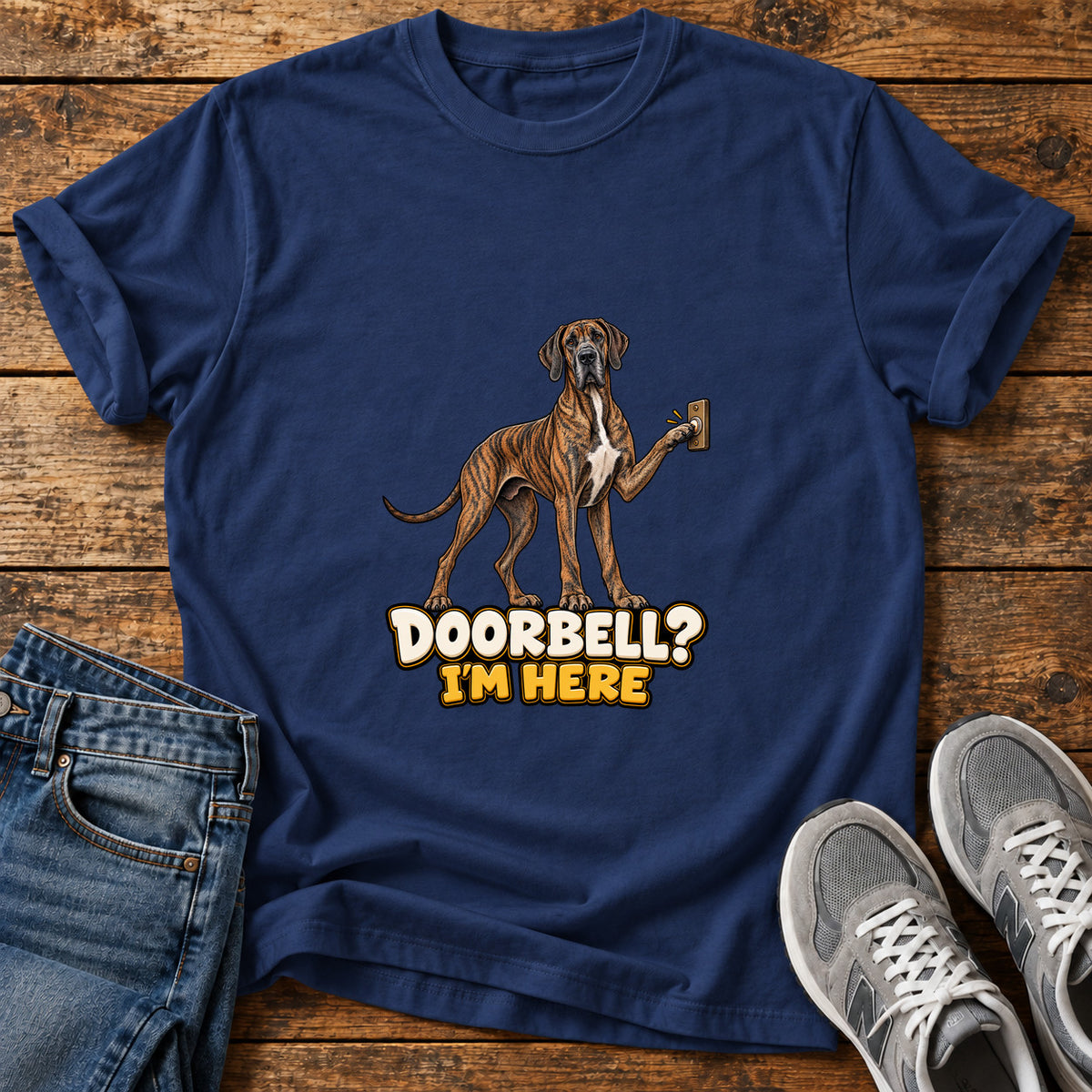 Doorbell Guardian Great Dane graphic T-shirt in Navy, shown on a flat-lay shirt mockup