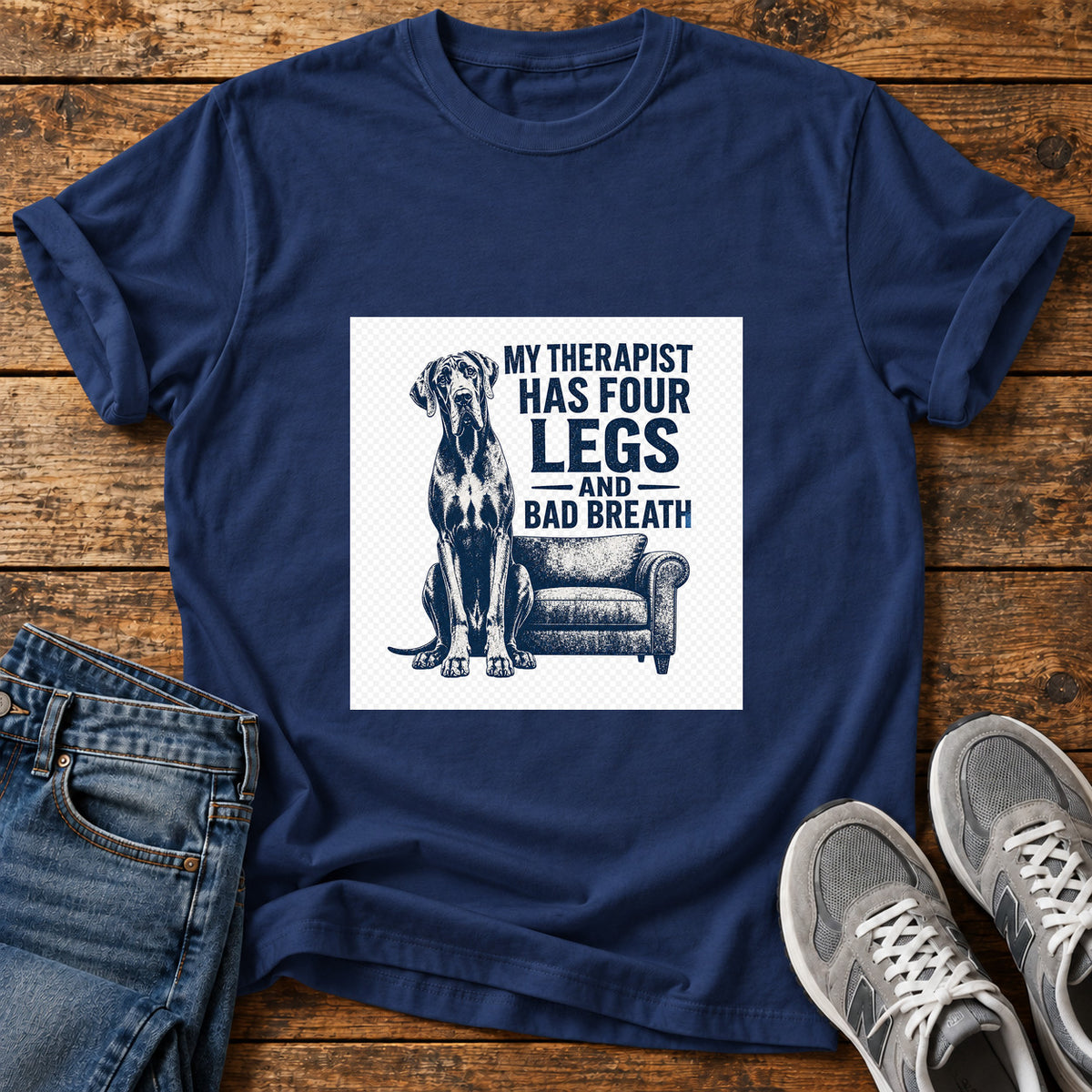 Four Leg Therapist Great Dane graphic T-shirt in Navy, shown on a flat-lay shirt mockup