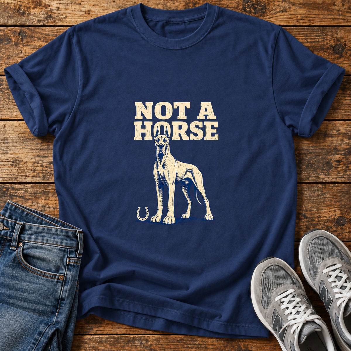 Not A Horse Great Dane graphic T-shirt in Navy, shown on a flat-lay shirt mockup