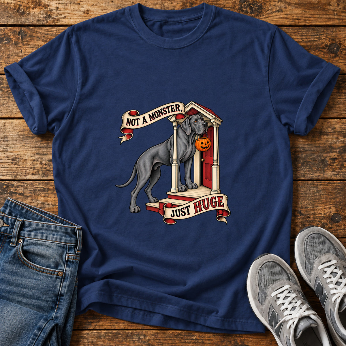 Not A Monster Great Dane graphic T-shirt in Navy, shown on a flat-lay shirt mockup