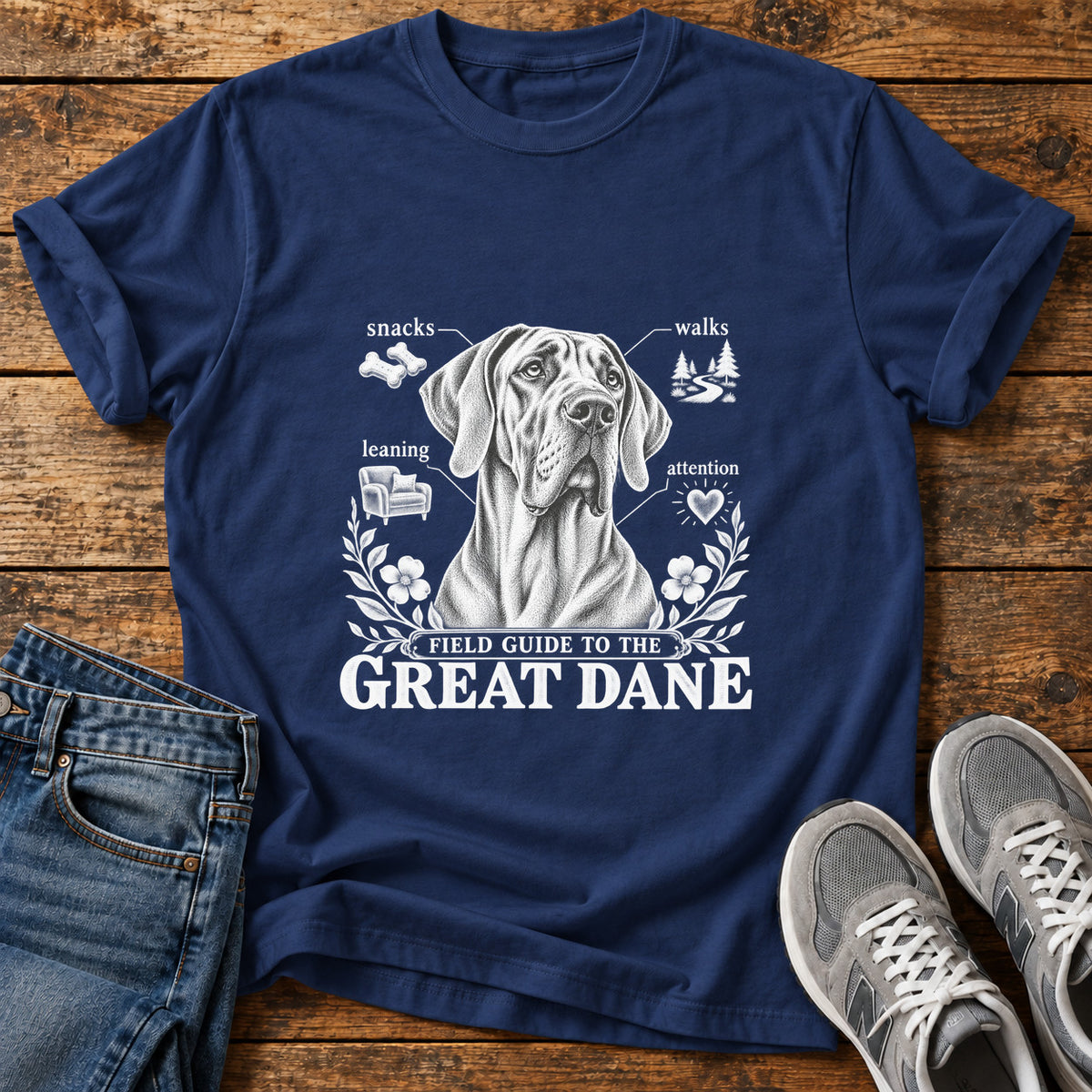 Great Dane Guide graphic T-shirt in Navy, shown on a flat-lay shirt mockup