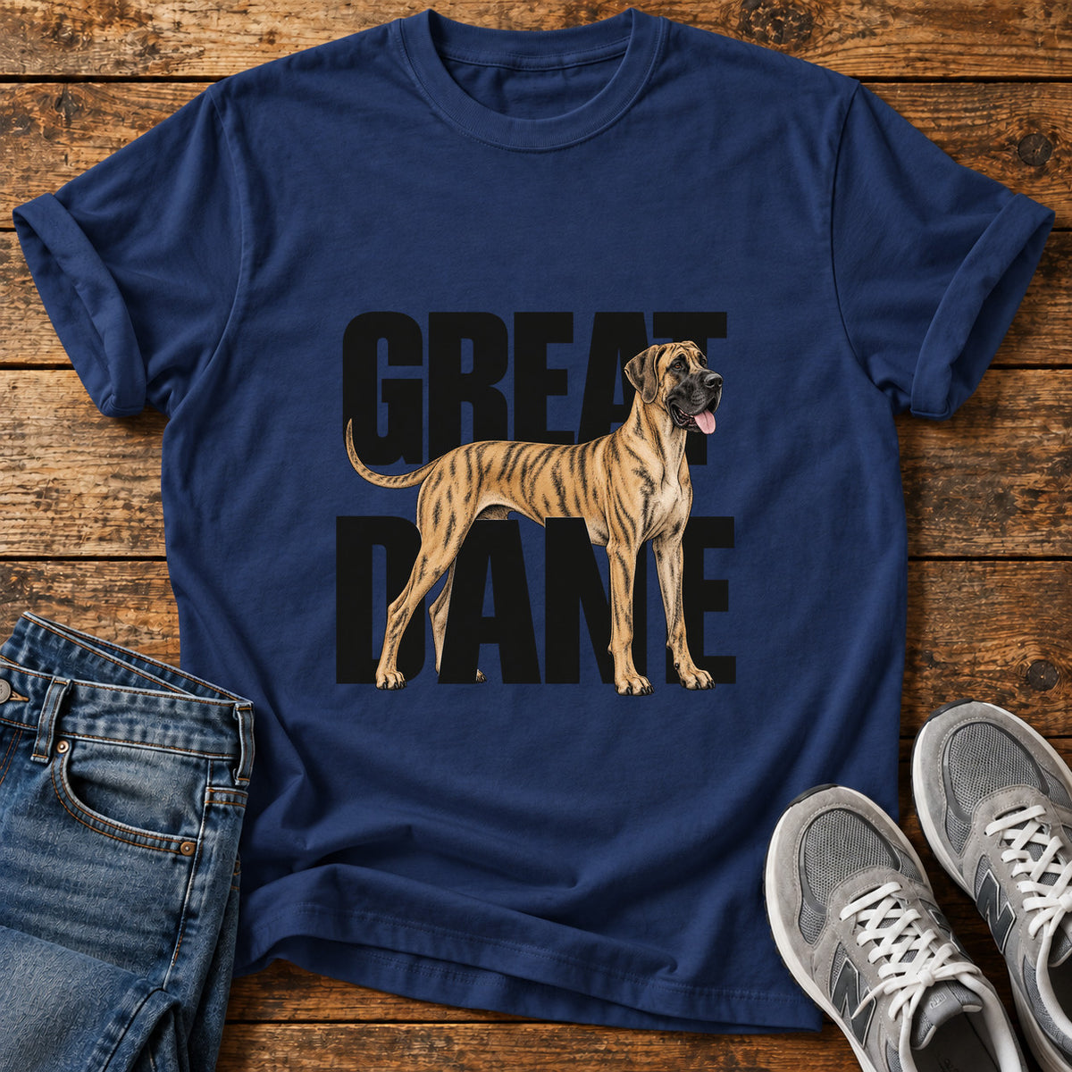 Great Dane graphic T-shirt in Navy, shown on a flat-lay shirt mockup