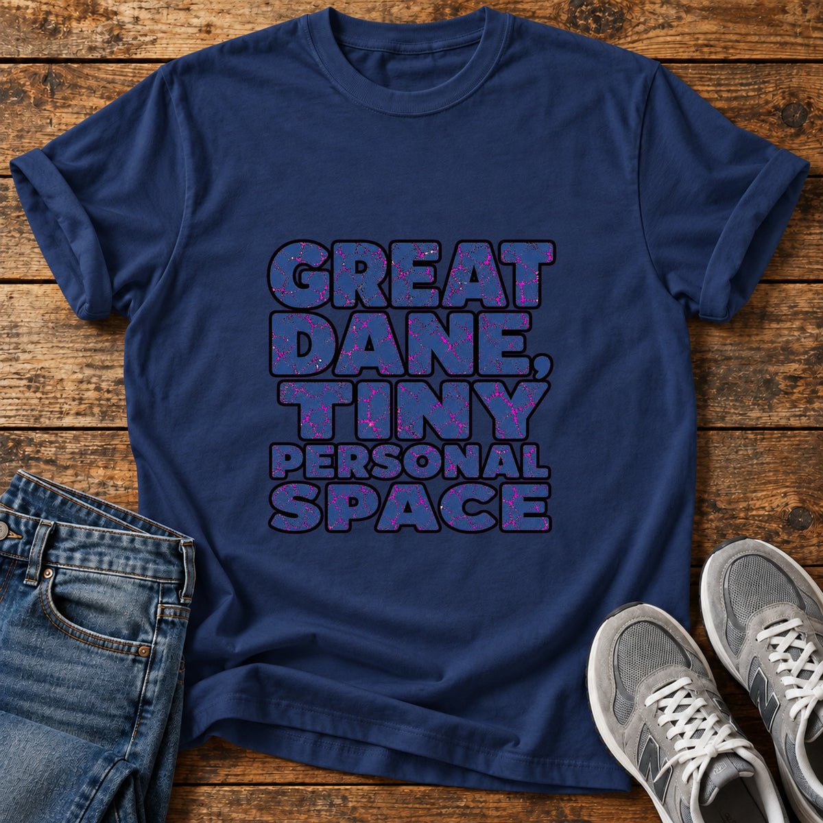 Great Dane Space graphic T-shirt in Navy, shown on a flat-lay shirt mockup