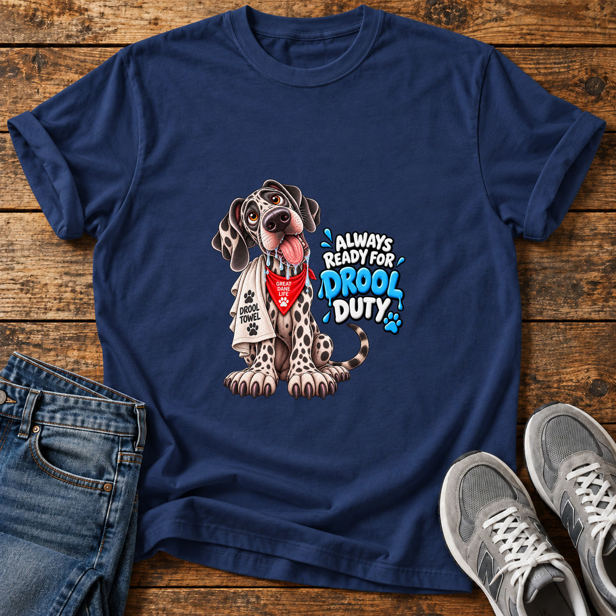 Drool Duty Great Dane graphic T-shirt in Navy, shown on a flat-lay shirt mockup