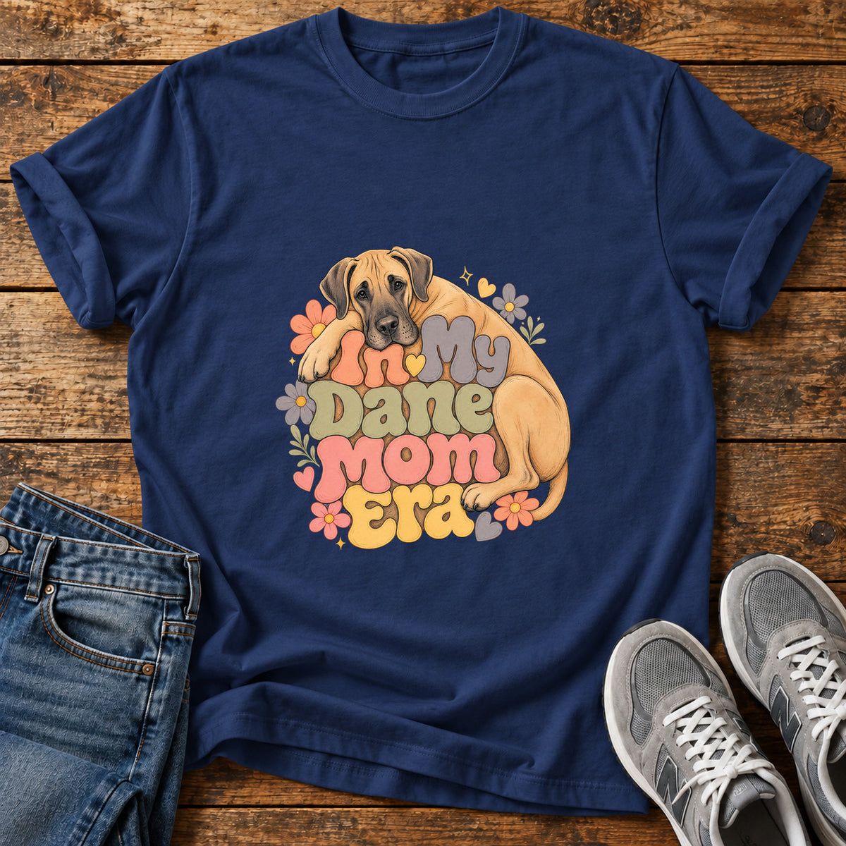 Dane Mom Era Great Dane graphic T-shirt in Navy, shown on a flat-lay shirt mockup
