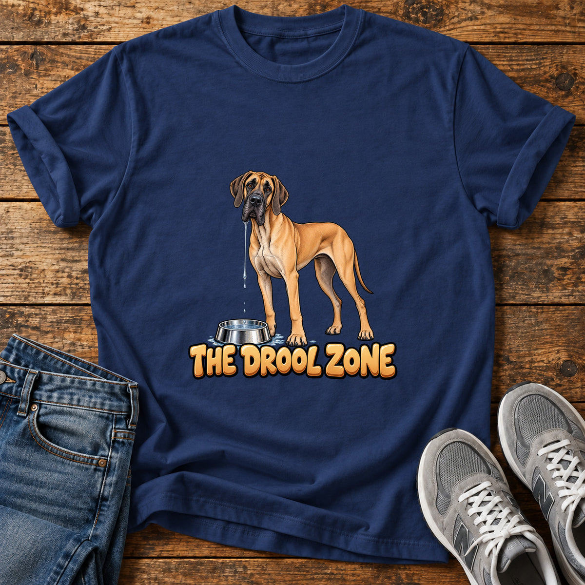 The Drool Zone Great Dane graphic T-shirt in Navy, shown on a flat-lay shirt mockup