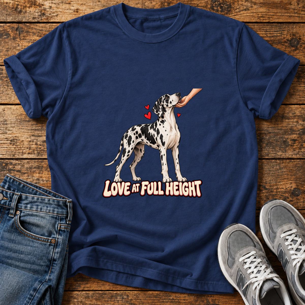 Love At Full Great Dane graphic T-shirt in Navy, shown on a flat-lay shirt mockup