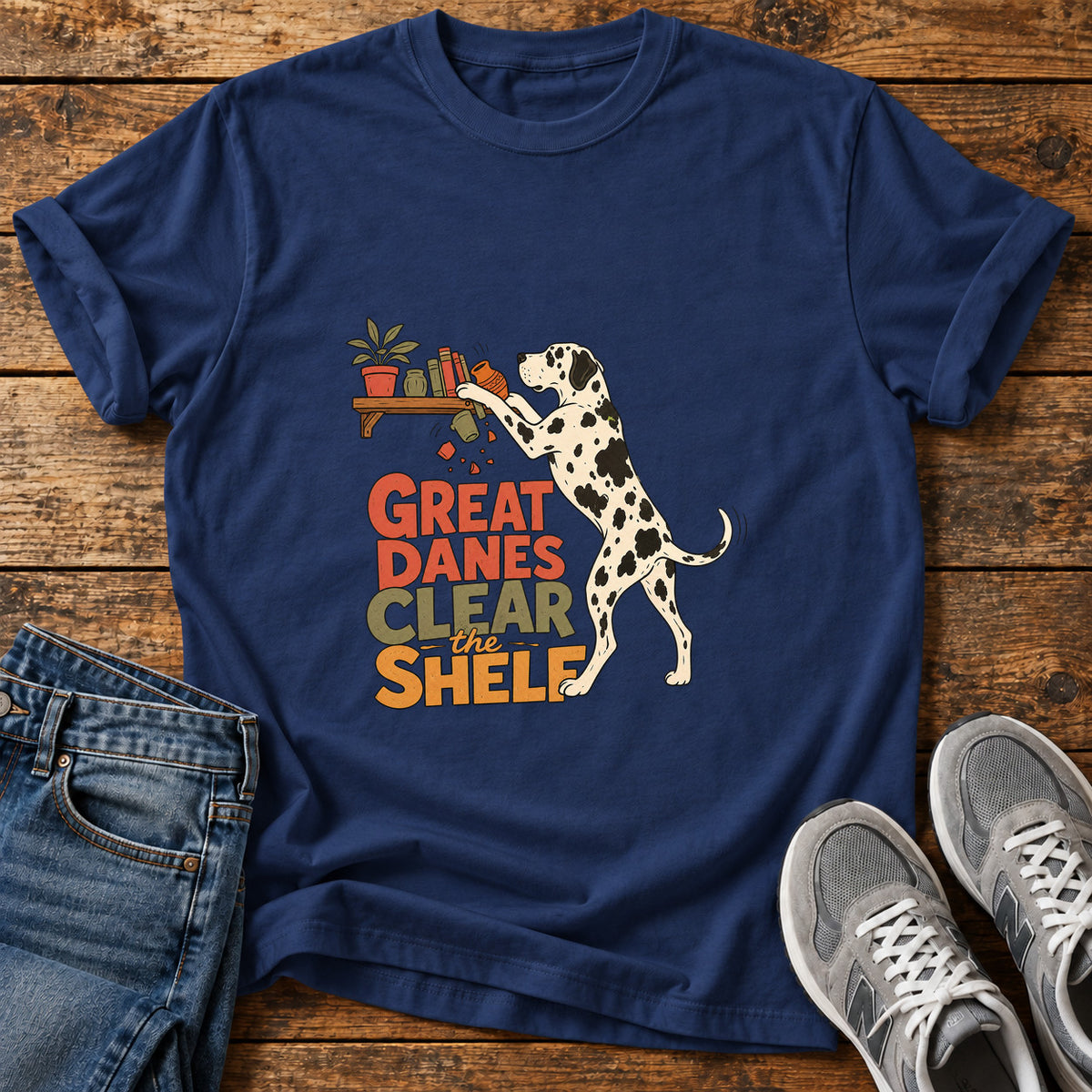 Great Danes Shelf graphic T-shirt in Navy, shown on a flat-lay shirt mockup