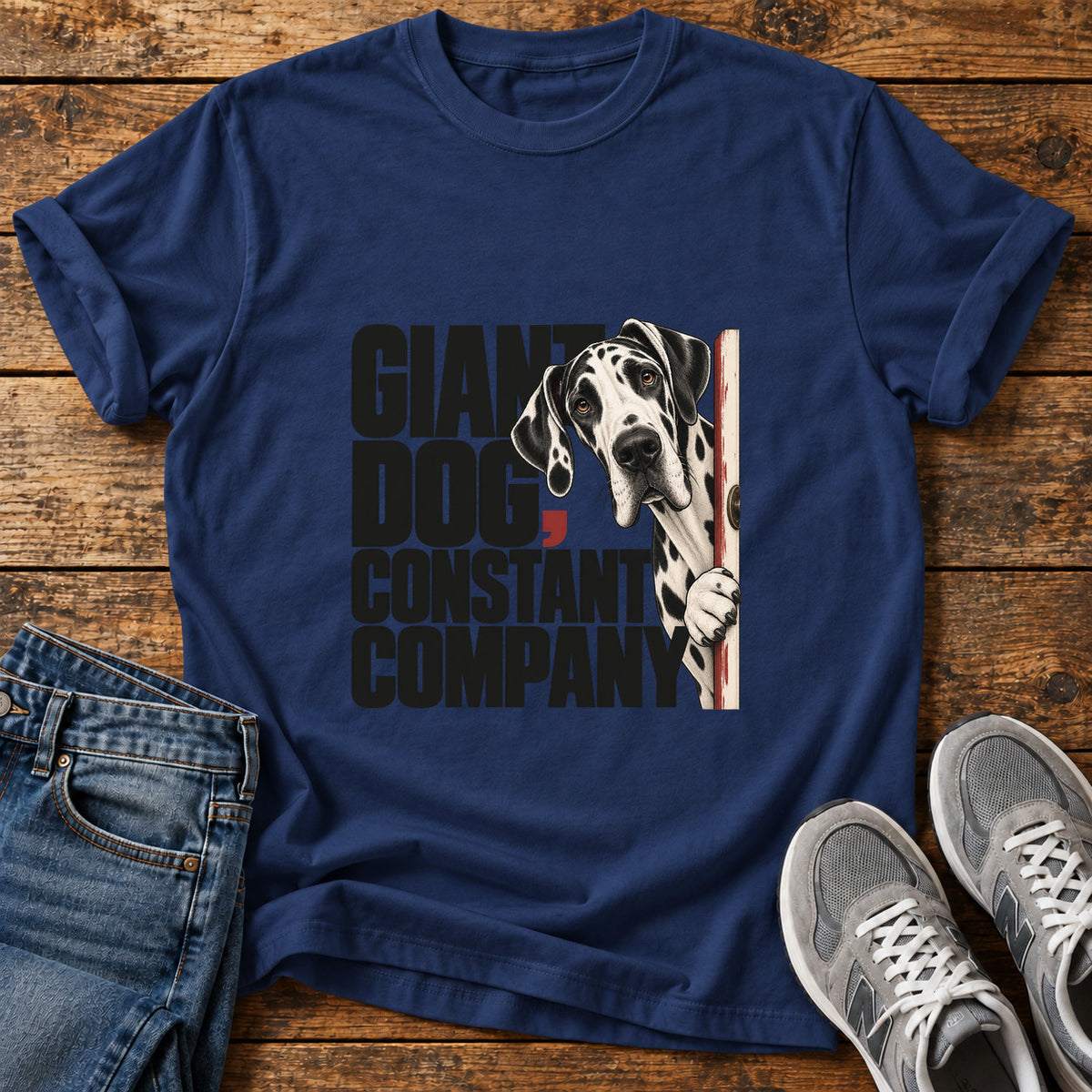 Giant Dog Company Great Dane graphic T-shirt in Navy, shown on a flat-lay shirt mockup