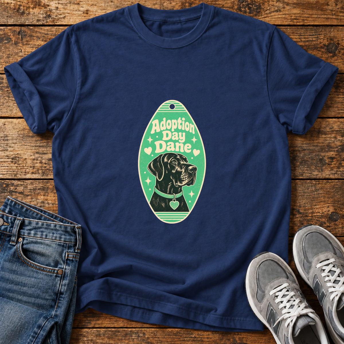 Adoption Day Dane Great Dane graphic T-shirt in Navy, shown on a flat-lay shirt mockup