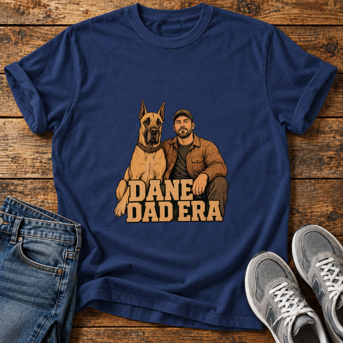Dane Dad Era Great Dane graphic T-shirt in Navy, shown on a flat-lay shirt mockup