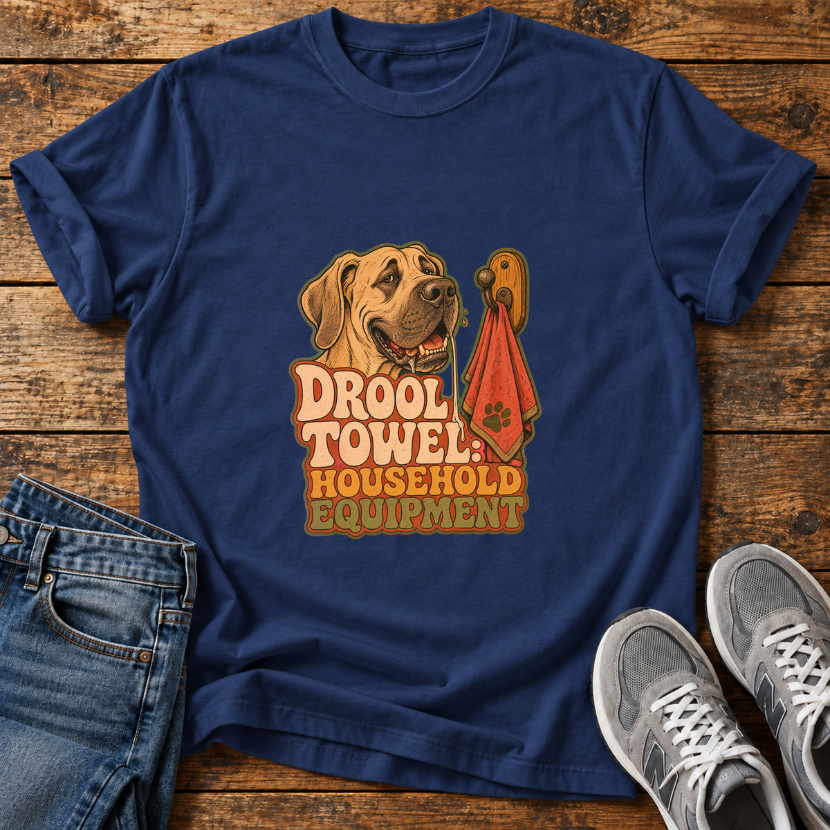 Drool Towel Essentials Great Dane graphic T-shirt in Navy, shown on a flat-lay shirt mockup