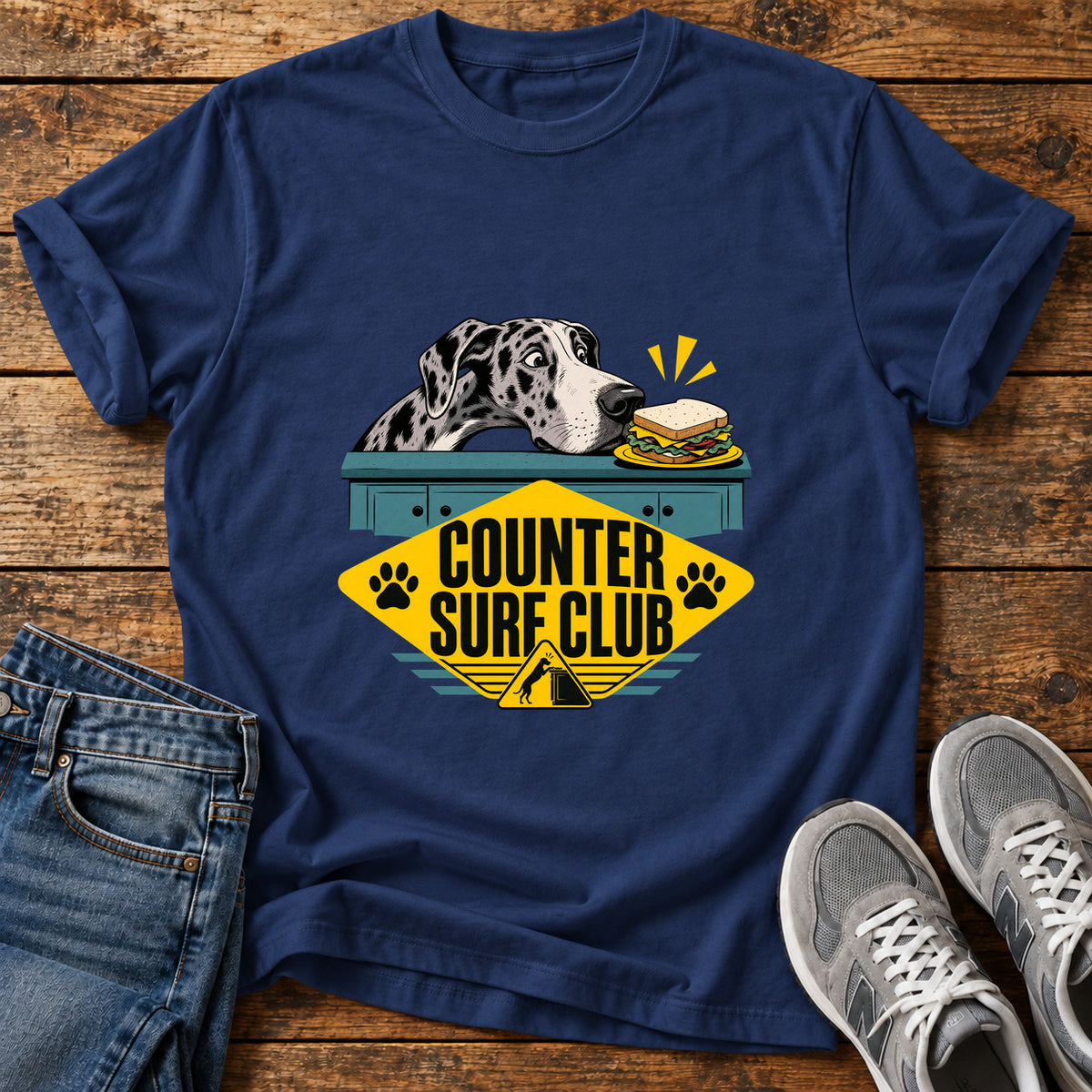 Counter Surf Club Great Dane graphic T-shirt in Navy, shown on a flat-lay shirt mockup