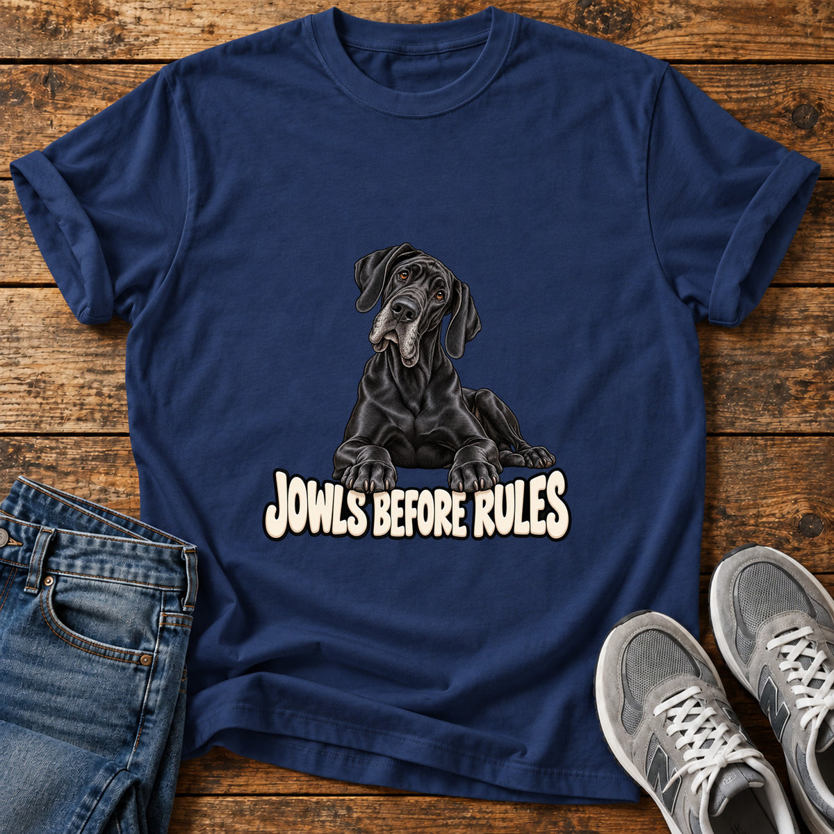 Jowls Before Rules Great Dane graphic T-shirt in Navy, shown on a flat-lay shirt mockup