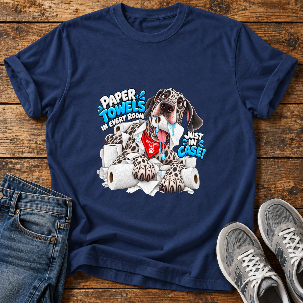 Paper Towels Pooch Great Dane graphic T-shirt in Navy, shown on a flat-lay shirt mockup