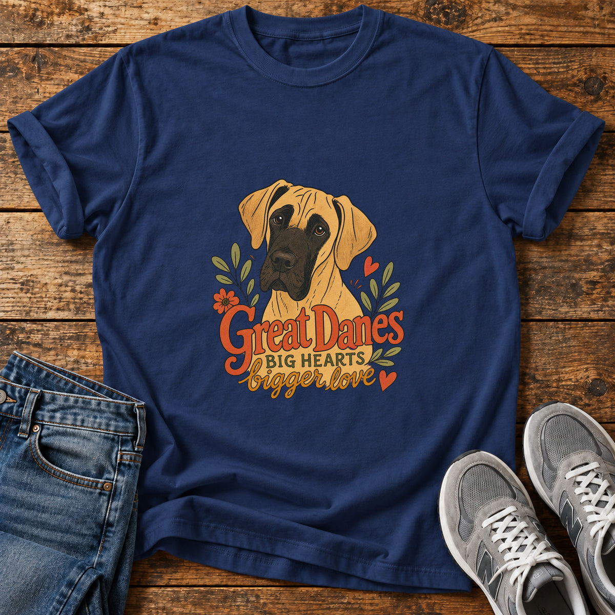 Great Danes Love graphic T-shirt in Navy, shown on a flat-lay shirt mockup