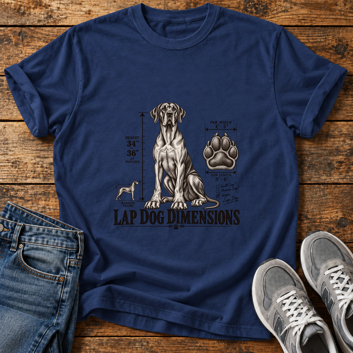 Lap Dog Dimensions Great Dane graphic T-shirt in Navy, shown on a flat-lay shirt mockup