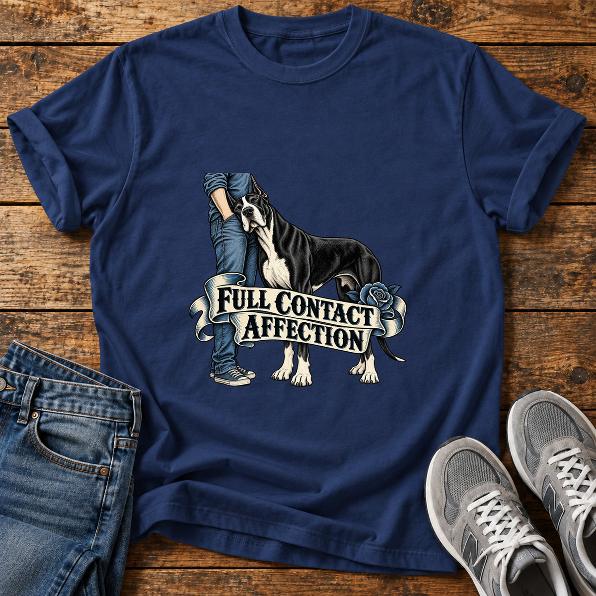Full Contact Affection Great Dane graphic T-shirt in Navy, shown on a flat-lay shirt mockup