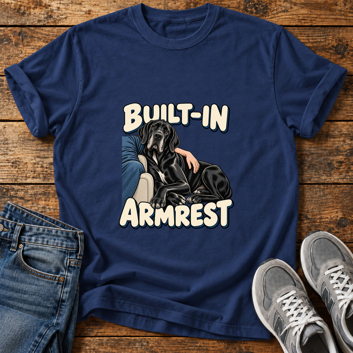 Built-In Armrest Great Dane graphic T-shirt in Navy, shown on a flat-lay shirt mockup